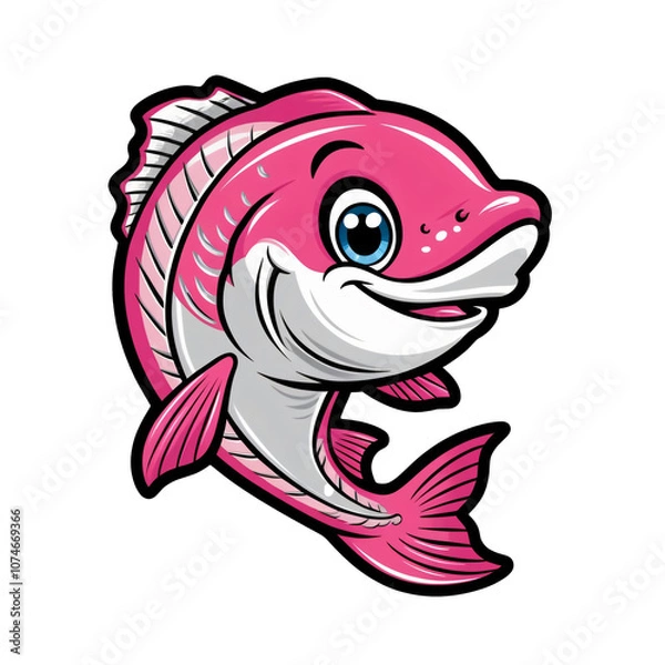 Fototapeta Cartoon salmon with big eyes and joyful smile, vibrant ocean design, playful and cute sticker, bright pink colors, clean white background, generative ai