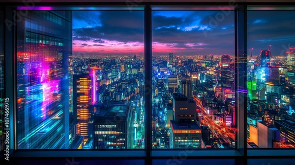 Fototapeta 窓から眺める秋の夜の新宿のネオン風景