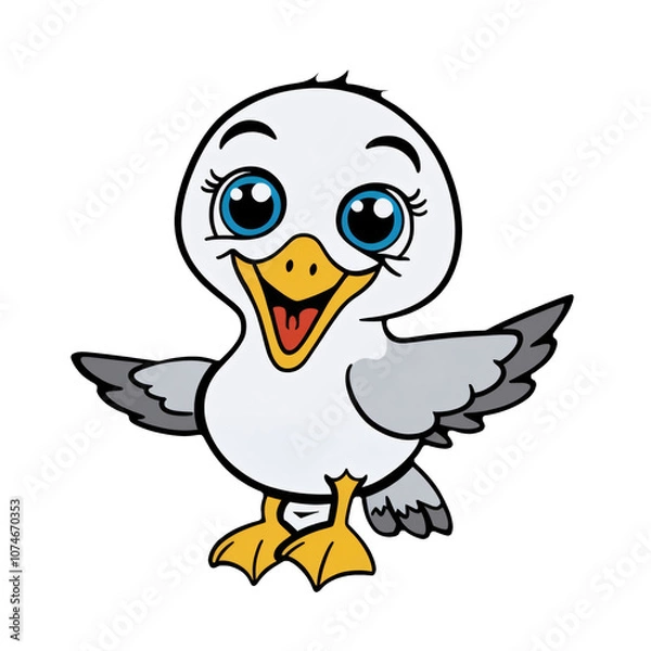 Fototapeta Cartoon seagull with expressive eyes, bright beak, happy expression on white background, generative ai