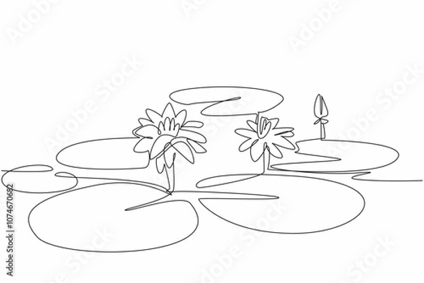 Fototapeta Continuous one line drawing lotus leaves and flowers in wetlands. Provide a natural filter for sediment and runoff. Environmental. World Wetlands Day. Single line draw design vector illustration