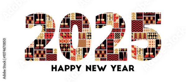 Fototapeta Happy New Year 2025 vector illustration with bauhaus abstract geometric shapes pattern isolated on white background. Christmas modern flat design template for banner, poster print, card
