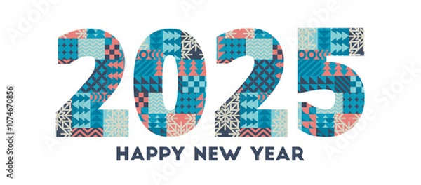 Fototapeta 2025 Happy New Year vector illustration with bauhaus abstract geometric shapes pattern isolated on white background. Christmas modern flat design template for poster print, banner, card