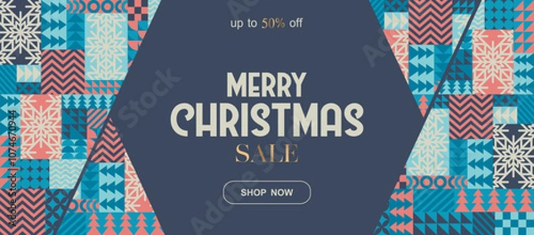 Fototapeta Merry Christmas sale vector illustration with snowflakes, bauhaus abstract geometric shapes background. Modern flat design pattern template for advertising, poster print, banner, card, flyer