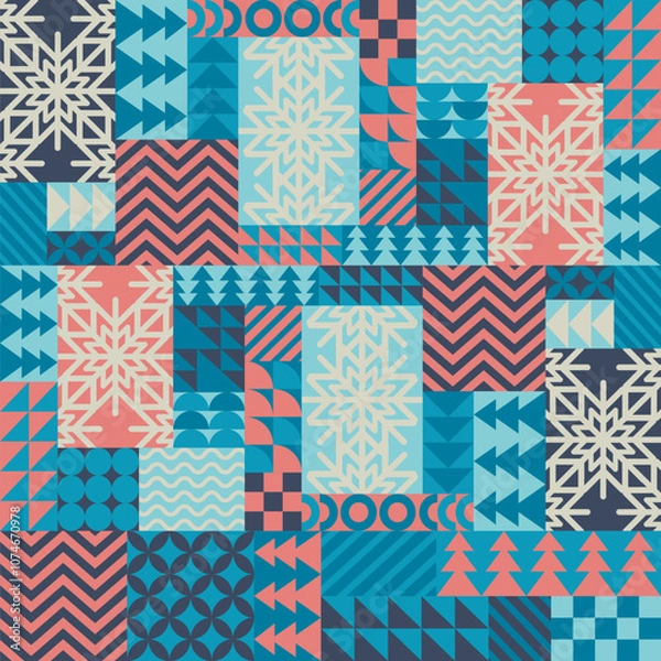 Fototapeta Merry Christmas vector illustration with snowflakes and bauhaus abstract geometric shapes background. Modern design seamless pattern template for poster, banner, card, flyer, wrapping