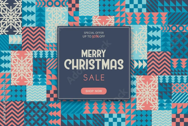 Fototapeta Merry Christmas sale vector illustration with snowflakes and bauhaus abstract geometric shapes background. Modern design pattern template for advertising poster print banner card flyer