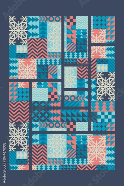 Fototapeta Merry Christmas vector illustration with snowflakes and bauhaus abstract geometric shapes background. Modern design pattern template for card, poster print, invitation, web banner, flyer