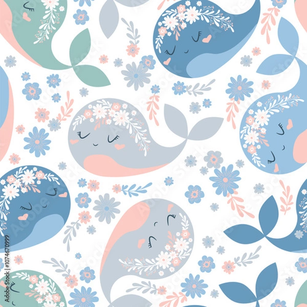 Fototapeta Seamless vector pattern with cute whales, flowers and floral elements isolated on white background. Adorable animal design illustration for card print, wallpaper, poster, nursery decoration
