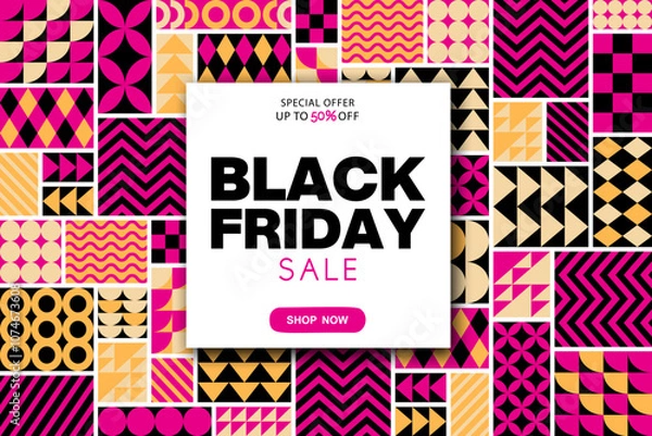 Fototapeta Black Friday sale vector illustration with black and pink abstract geometric shapes background. Modern design pattern template for advertising, poster print, banner, card, flyer