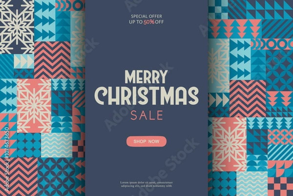 Fototapeta Merry Christmas sale vector illustration with snowflakes and bauhaus abstract geometric shapes background. Modern design pattern template for poster print banner card flyer advertising