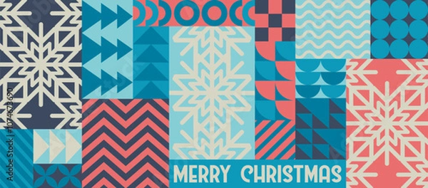 Fototapeta Merry Christmas vector illustration with snowflakes and bauhaus abstract geometric shapes background. Modern design pattern template for poster print, invitation, web banner, card, flyer