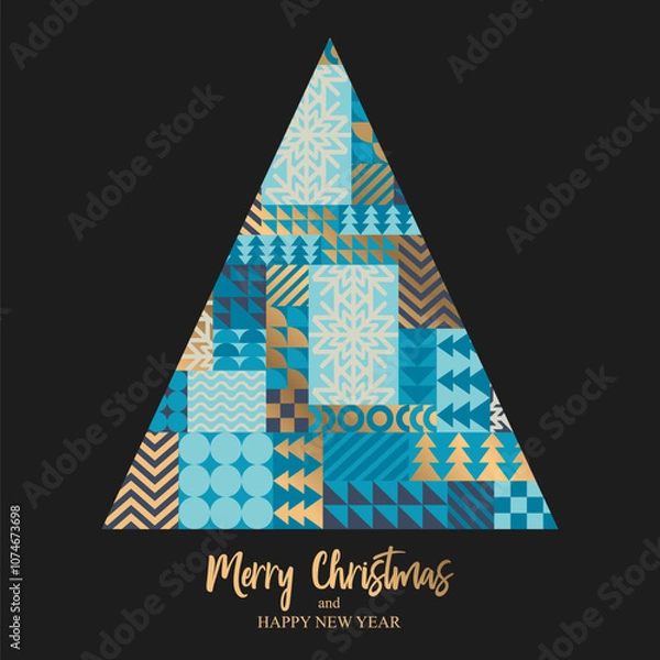 Fototapeta Merry Christmas vector illustration with bauhaus Christmas tree and abstract geometric shapes background. Modern flat design template for greeting cardб poster print, banner