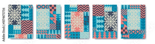 Fototapeta Merry Christmas vector illustrations set with snowflakes and bauhaus abstract geometric shapes backgrounds. Modern design pattern templates for poster print, invitation, web banner, card, flyer