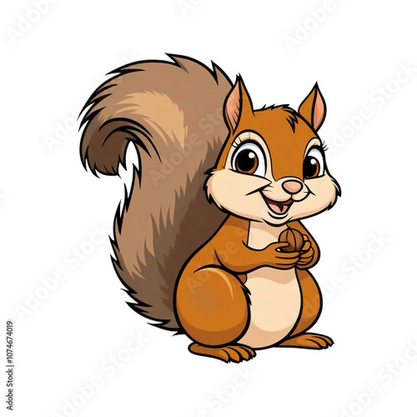 Fototapeta Cartoon squirrel sticker with big eyes, fluffy tail, and happy expression on white background, generative ai