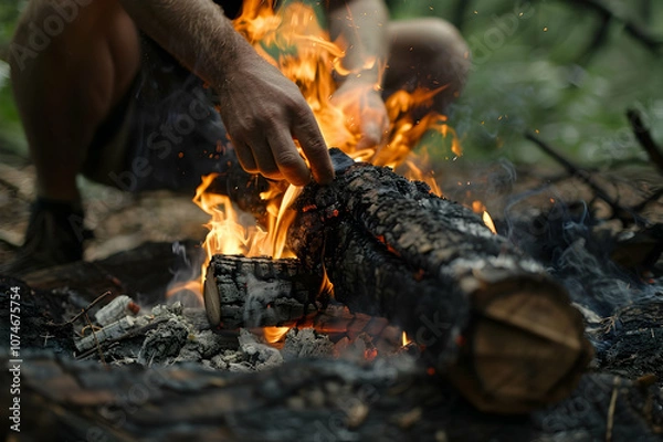 Fototapeta cropped view of man sitting and putting log in burning bonfire