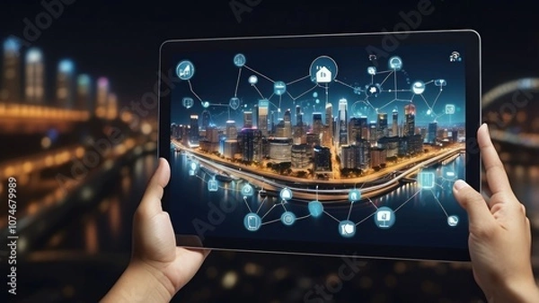Fototapeta An empty digital tablet featuring a nighttime scene, the internet of things, networks, and augmented reality, as well as a smart city with smart services and icons, is held in the waiter's hand.