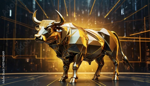 Fototapeta Golden, geometric bull sculpture with a stock market chart backdrop, symbolizing financial growth and a bullish market trend.