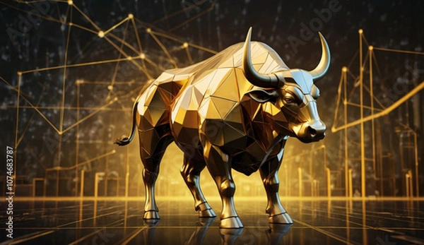 Obraz Golden, geometric bull sculpture with a stock market chart backdrop, symbolizing financial growth and a bullish market trend.