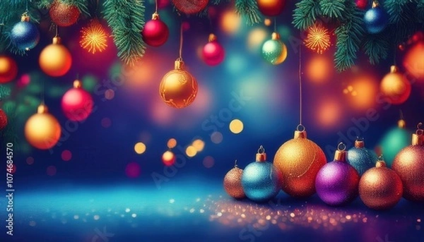 Obraz Christmas decoration and bokeh lights background, copy space, merry xmas, Pine Branches