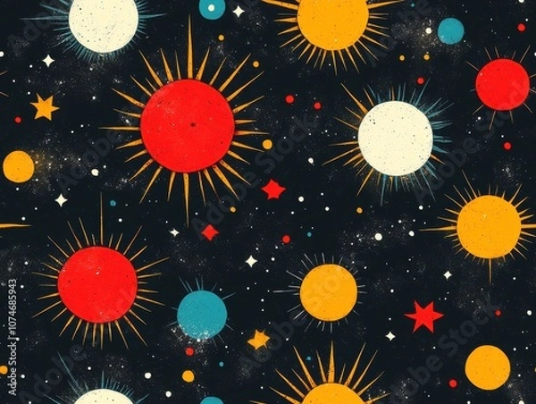 Fototapeta Classic Sunburst Pattern, vibrant flat colors, intricate design, perfect for textiles or wallpapers, adds a cheerful touch to any space