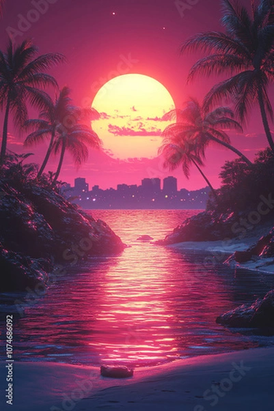 Fototapeta Retro neon romance. Neon sunset with palm trees over water. 80s futuristic landscape concept.
