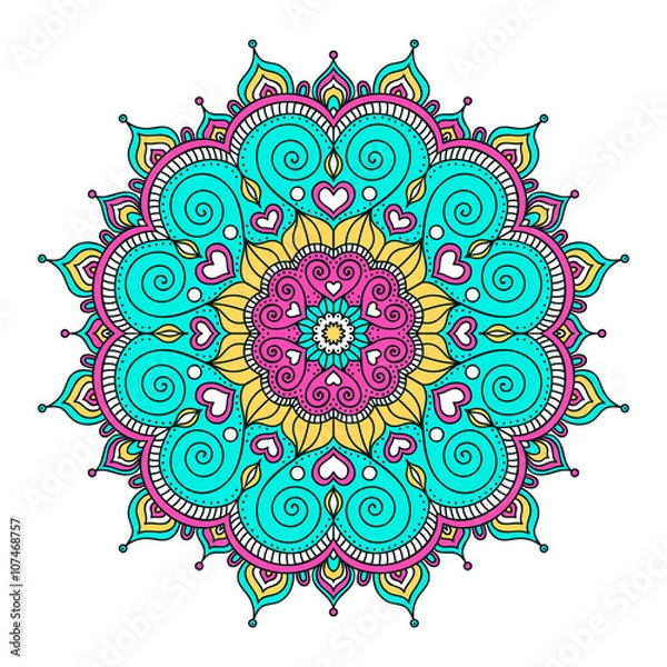 Obraz Wektor ręcznie narysowany doodle mandala z sercami. Mandala etniczna z kolorowymi ornamentami. Odosobniony. Różowy, biały, żółty, zielony kolory.