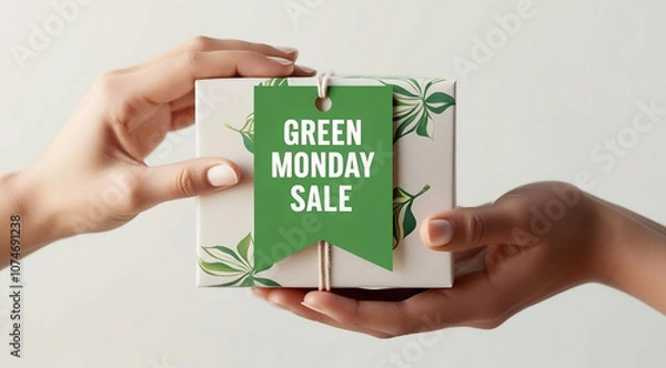Obraz A pair of hands exchanging a gift box featuring a "Green Monday Sale" tag, promoting discounts in a festive, eco-friendly style.