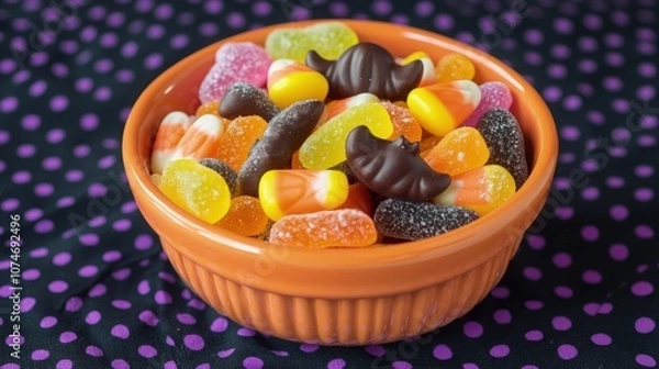 Fototapeta A close-up of a ceramic orange bowl filled with assorted Halloween candies, including candy corn, gummy bats, and mini chocolate pumpkins, on a black and purple polka-dotted tablecloth.