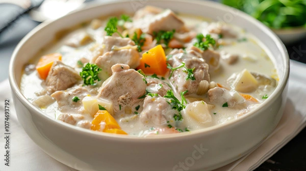 Fototapeta Blanquette de Veau with Tender Veal and Vegetables in a Creamy White Sauce