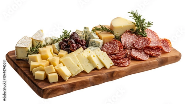 Fototapeta Cheese platter with assorted cheeses and salami isolated on transparent background