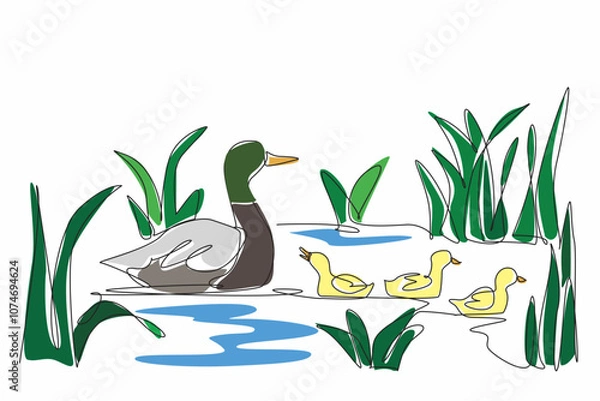 Fototapeta Single one line drawing a duckling family enjoying a peaceful day in a wetland. The importance of preserving vital ecosystems. Balance. World Wetlands Day. Continuous line design graphic illustration