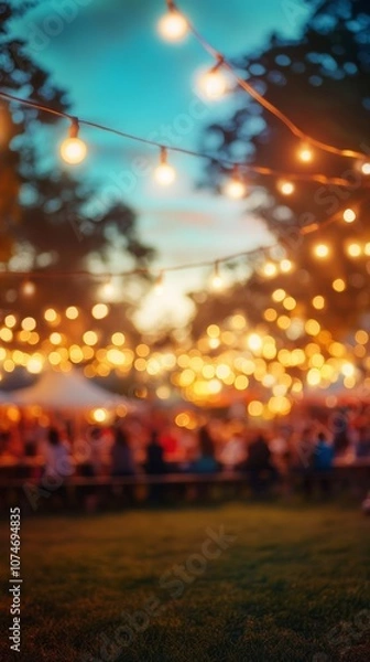 Fototapeta A group of people are gathered in a field with lights hanging from the trees