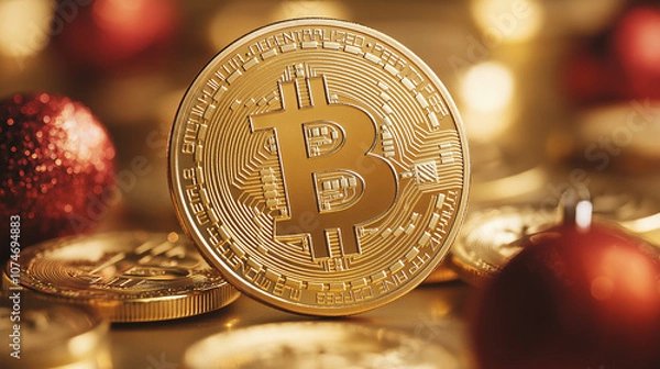 Fototapeta Close-up of Bitcoin Coin Surrounded by Holiday Ornaments