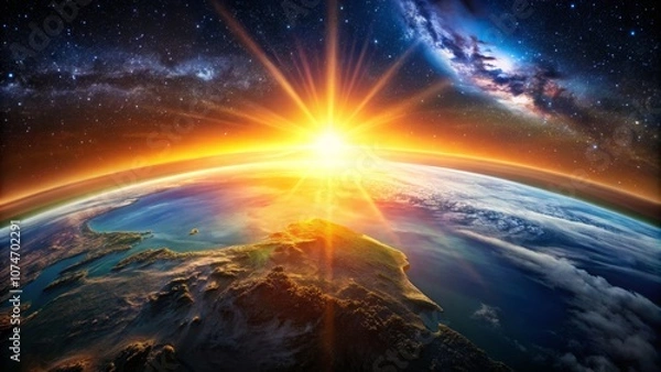 Fototapeta A Stunning View of Earth From Space at Sunrise with Glowing Horizon and Glimmering Stars in the Background: A Planetary Perspective