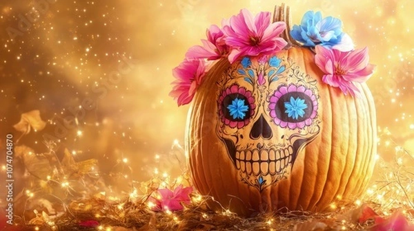 Fototapeta A pumpkin with intricate Catrina skull makeup, decorated with bright pink and blue flowers, set against a soft, blurred golden brown background with twinkling lights.