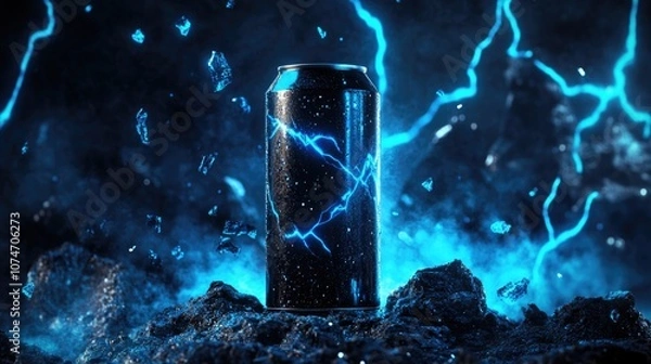 Obraz Aluminum can of energy drinks, aluminum can standing on a rock, blue lightning bolts
