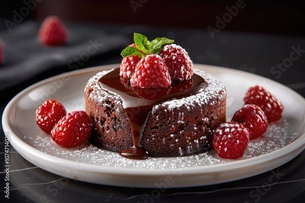 Fototapeta Chocolate Lava Cake with Raspberries and Powdered Sugar