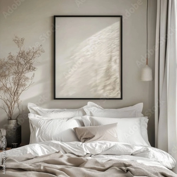 Fototapeta A framed picture of a white bed with pillows and a blanket