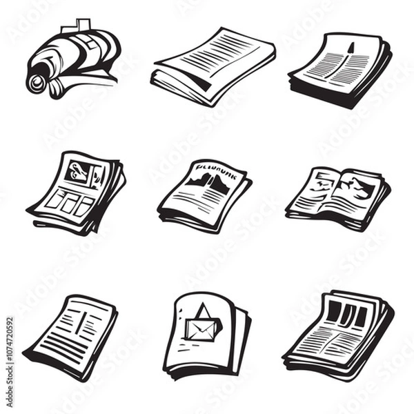 Obraz Newspaper In cartoon, hand-drawn flat style. image for social media, websites and UI. Isolated 2D vector design in logo, icon, sketch style, simple line vector, single color. AI Generative Art.