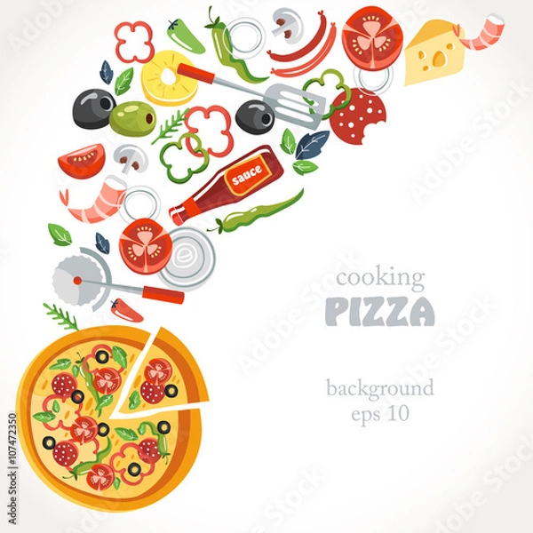 Fototapeta cooking pizza collection background set  bottle herbs statula cafe pineapple