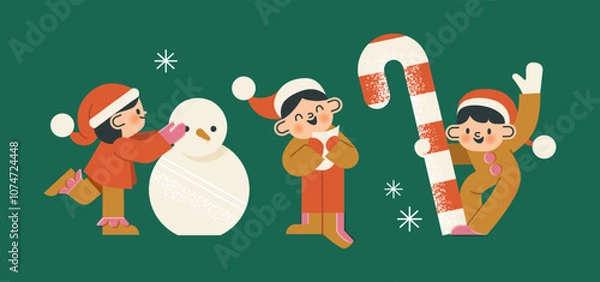 Fototapeta Elves in costumes with Christmas elements. Cute children in hats with a snowman. Characters are Santas helpers with candy. Vector illustration. Isolated design elements