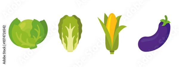 Fototapeta Vegetables set with White Cabbage, Napa Cabbage, Corn, Eggplant; isolated flat illustrations in transparent background