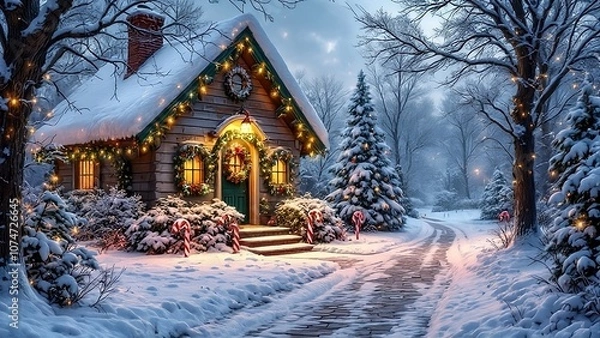 Obraz Snow-Dusted Cottage with Christmas Lights Along the Roofline, a Wreath on the Door, and a Path Lined with Candy Cane Decorations, Nestled in a Peaceful Winter Landscape