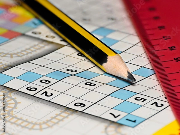 Obraz pencil and ruler on a crossword book