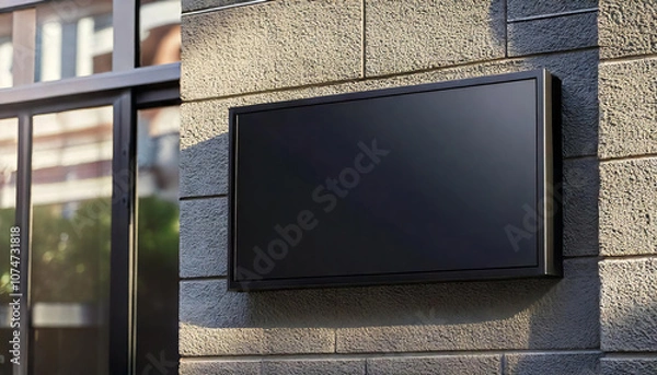 Obraz 3d mockup of blank black rectangle office name sign on the brick wall outdoor the company building. sign board with black metal frame template