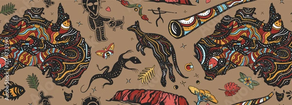 Fototapeta Travel background. Australia seamless pattern. Ethnic Australian map, kangaroo, didgeridoo, rock painting. Outdoors art