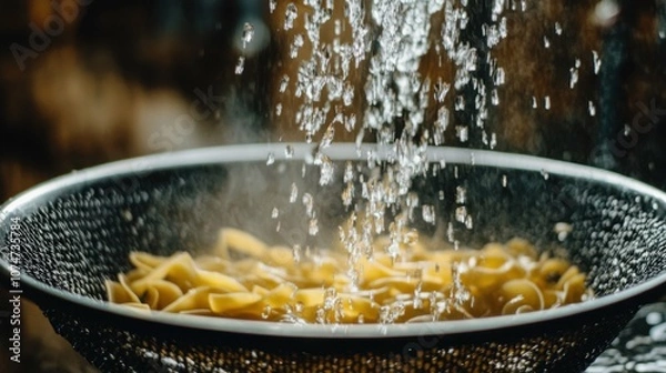 Obraz A low-angle view of a colander being used to drain pasta, with water cascading down. The background is softly blurred for effect.