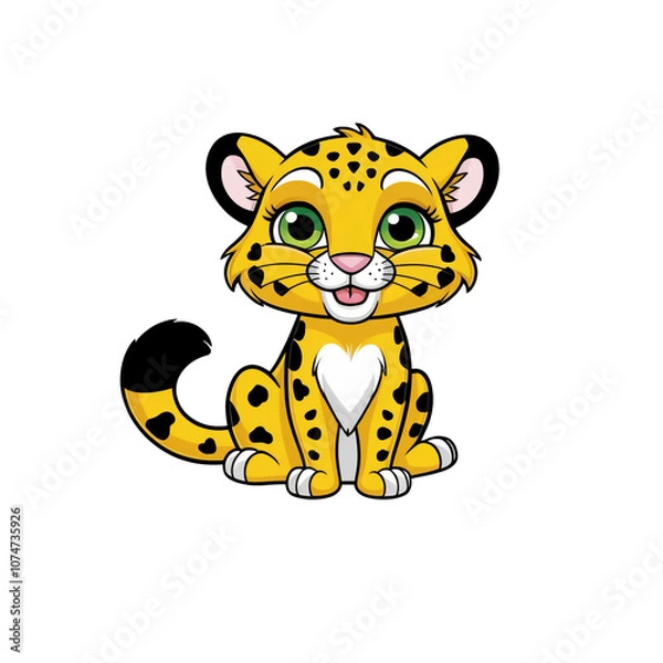 Obraz Cartoon style cheetah sticker with big green eyes, spotted fur, and cheerful expression on white background, generative ai