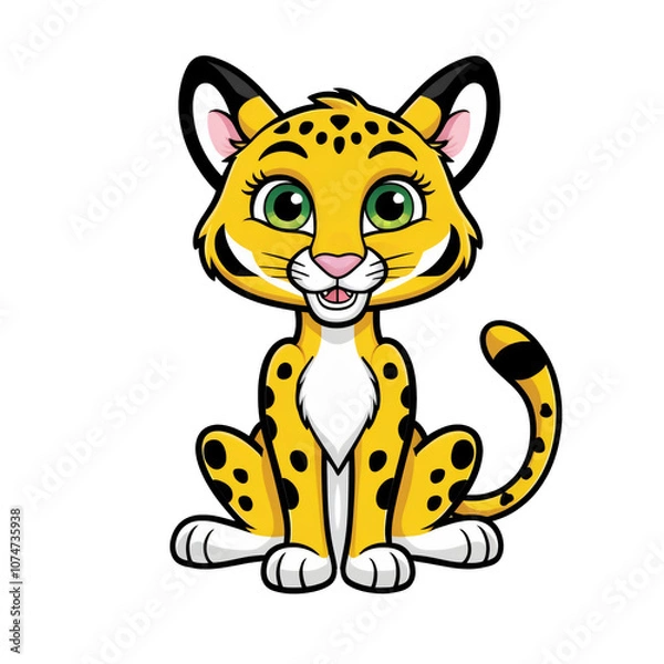Obraz Cartoon style cheetah sticker with big green eyes, spotted fur, and cheerful expression on white background, generative ai