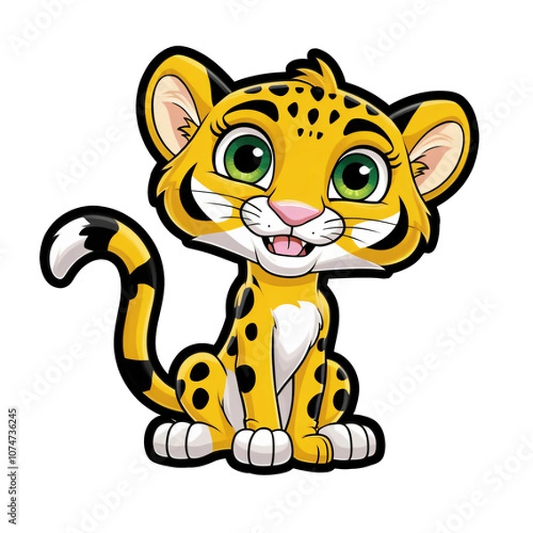 Obraz Cartoon style cheetah sticker with big green eyes, spotted fur, and cheerful expression on white background, generative ai
