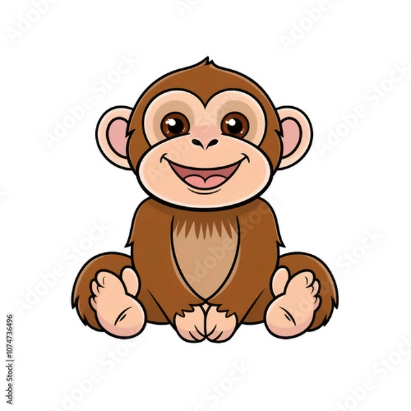Obraz Cartoon style chimpanzee sticker with expressive brown eyes, playful smile, and friendly face on white background, generative ai